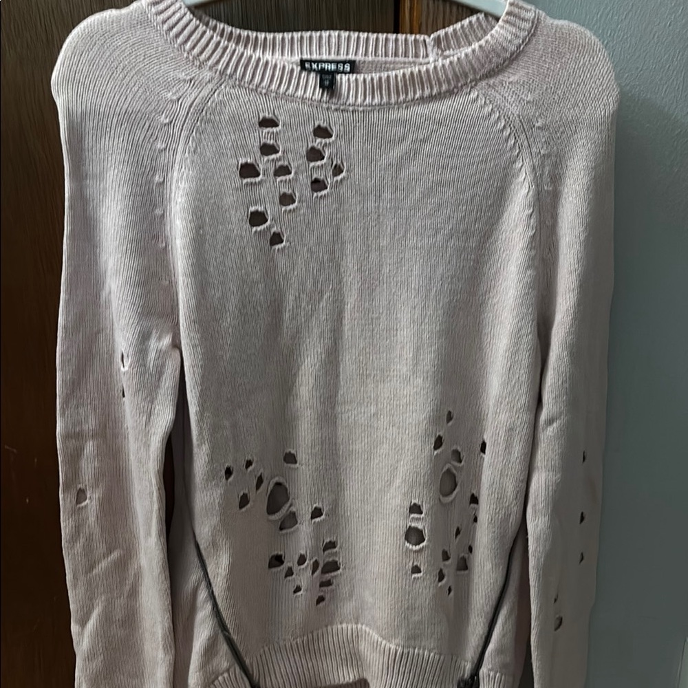 Express Cream Crew Neck Sweater with Distressed Design